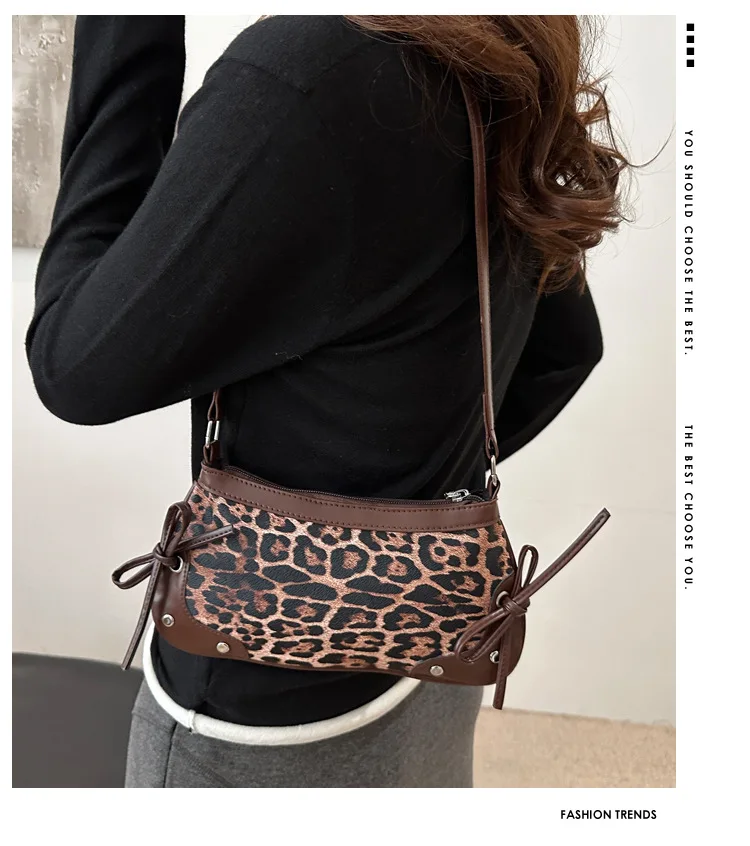 Neue Achselhöhle Tasche Trendy Schulter Tasche für Frauen Süße Doppel Bogen Handtasche Damen Tasche Retro Mode Weibliche Leopard Print Schulter Tasche – Detail 1