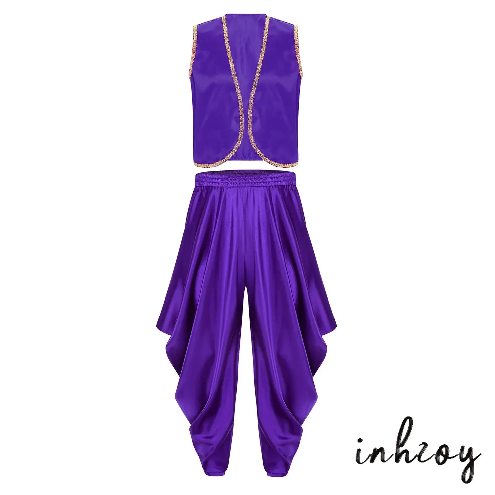 

Mens Opulent Arabian Prince Costume with Gold Trim Vest And Flowy Harem Pants Elegant Arab Cultural Outfits for Halloween Party