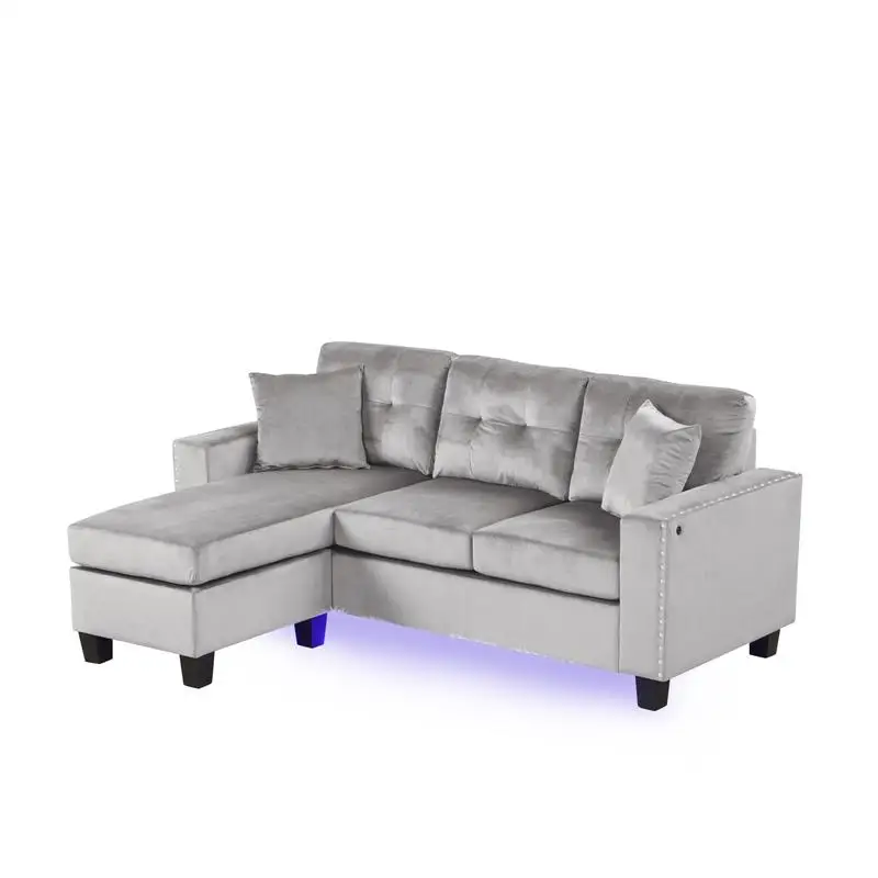 أريكة مقطعية مخملية باللون الرمادي مقاس 74 بوصة مع ضوء LED ومنفذ USB وحواف رأس الأظافر ووسائد معنقدة - حديثة