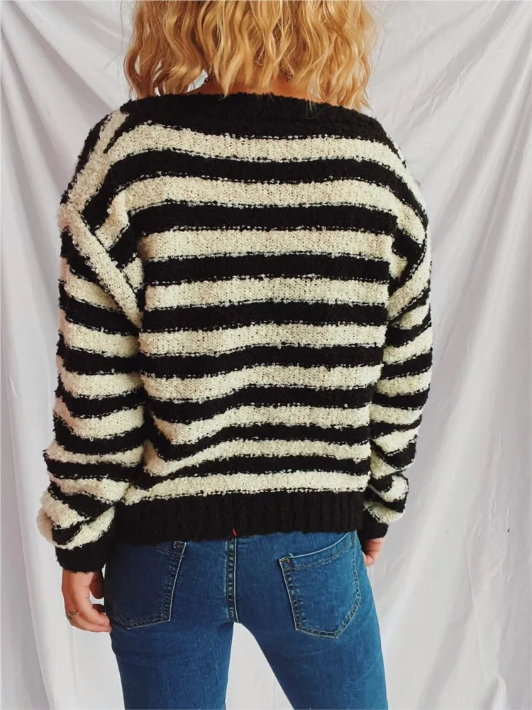 Design feminino sentido em torno do pescoço curto camisola de manga comprida jaqueta superior outono e inverno elegante botão listrado cardigan camisola