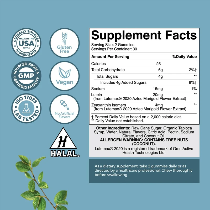 Lutein 성인 구미 눈 비타민, 성인 안구 건조 및 눈 피로 시력, 블루 라이트 보호, 60 개