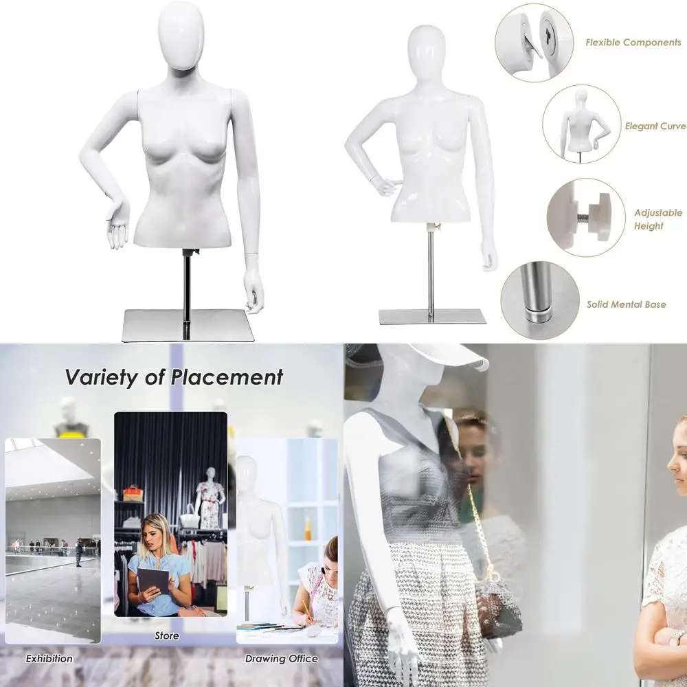 

Adjustable Height Female Mannequin with Detachable Arms and Metal Stand, Bright White
