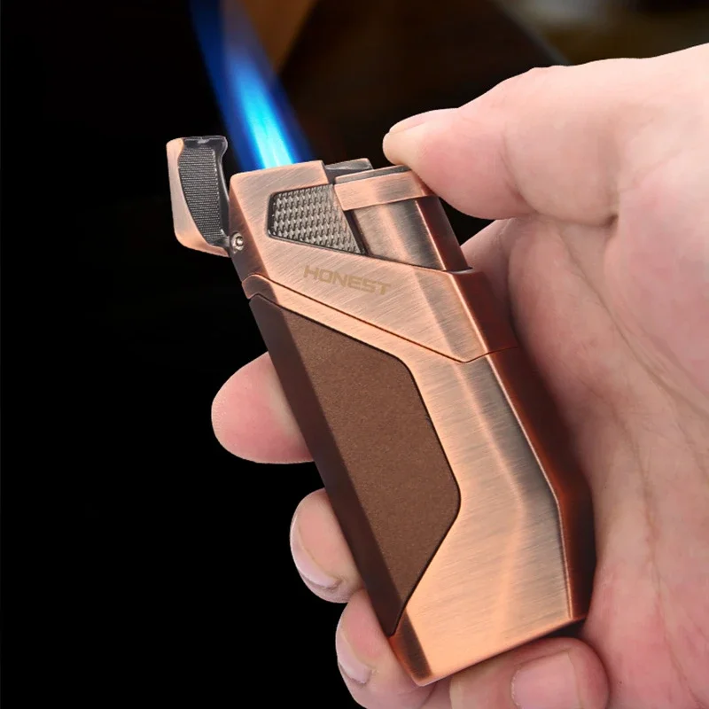 2025 New HONEST Dual Direct Injection Gas Lighter Windproof Strong Blue Flame Metal Turbine High Temperature with Cigar Diamonds