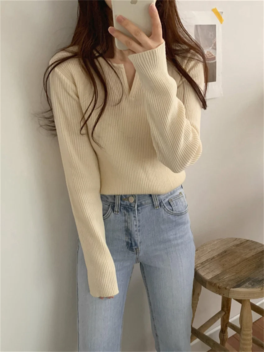 Alien Kitty Vintage Hot Solid V-Neck 2022 Sweet Causal Clothe Slim All Match Stylish Women New Sweater Streetwear Basic Tops