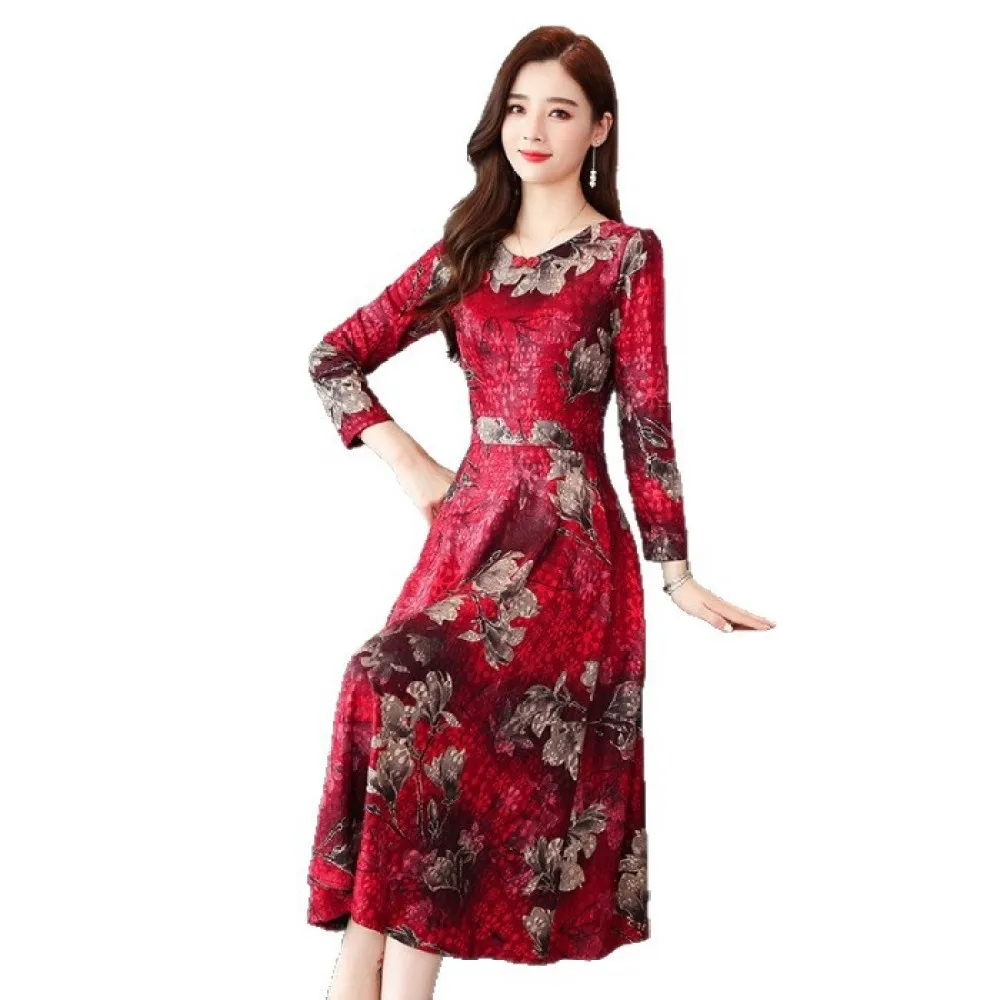 Modern Chinese Style Dress Female Vintage Printed Slimming Midi Gown Mid-Aged Mom Elegant Casual Spring Party Fashion Clothing