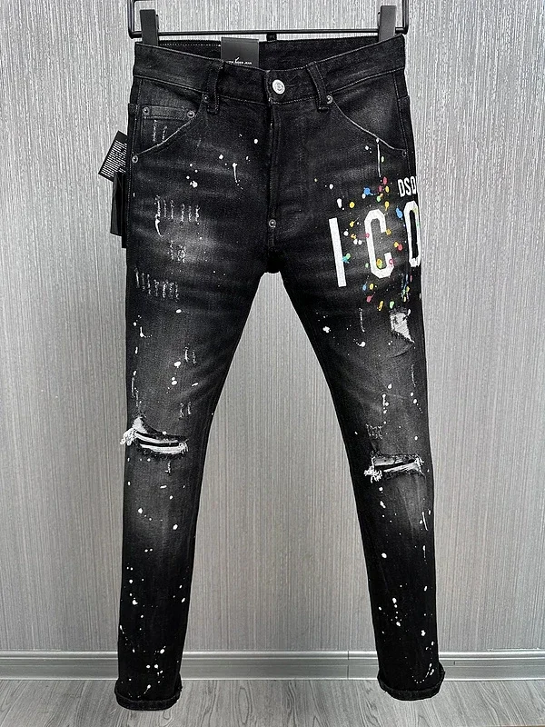 

ICON BRAND D2 Men Jeans Denim Pants Hole Slim Pencil Trousers Metal Buttons Party Classics Fashionable Black Dsq2 JENAS