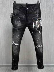 ICON BRAND D2 Men Jeans Denim Pants Hole Slim Pencil Trousers Metal Buttons Party Classics Fashionable Black Dsq2 JENAS