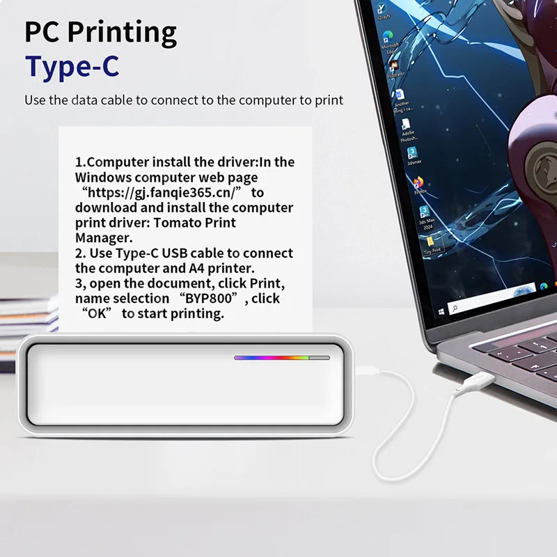 Printer Termal A4 Tanpa Tinta Portabel Printer Transfer Stensil Tato Dokumen Kantor Kompatibel dengan Android IOS Windows Mac OS