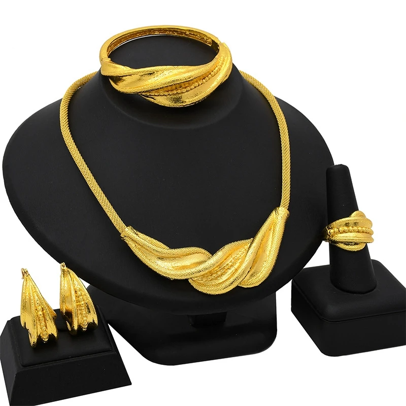 ESALE Dubai 24K Gold Plated Necklace Earrings Jewelry Set For Women Droplet African Indian Nigeria Bridal Wedding Party Gift