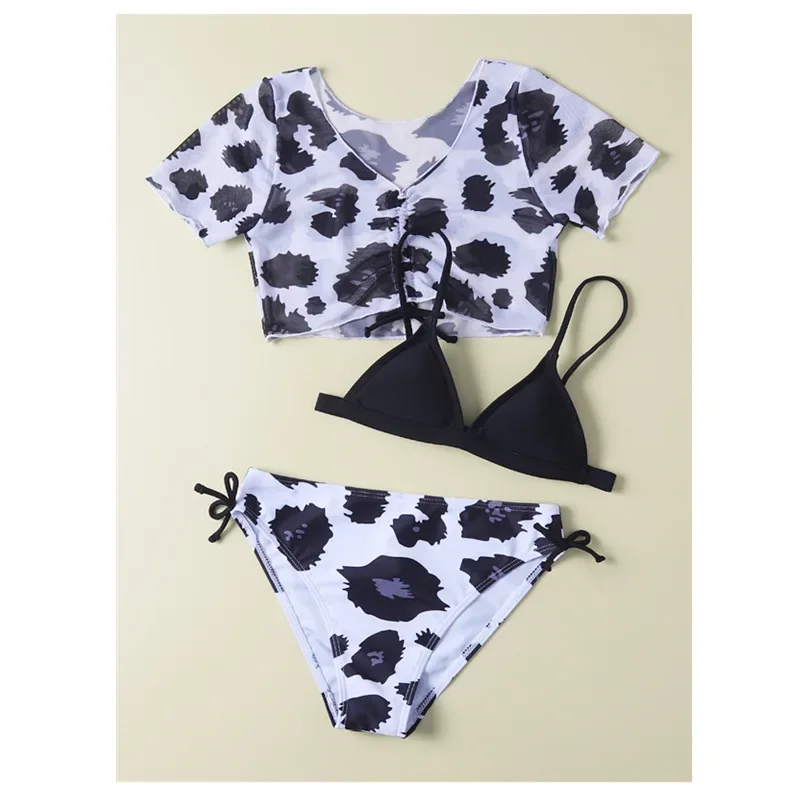 Girls 3pack Cow Print Bikini Sets with Short Sleeve Top Swimsuit Kids 7-12 Years Children's Swimwear 2025 Beachwear Bathing Suit