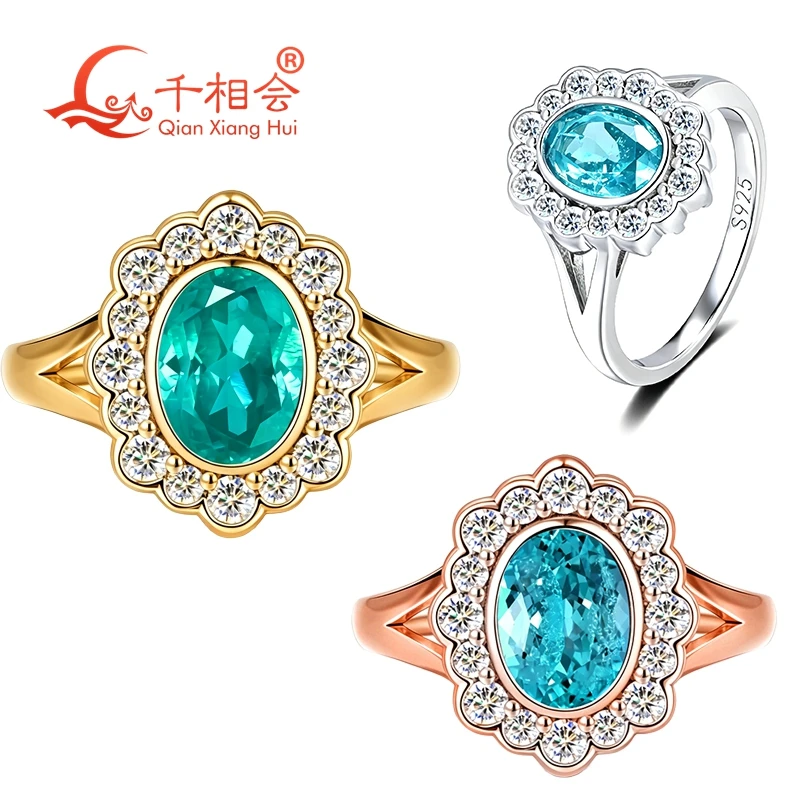 Lab Grown Oval Paraiba Tourmaline Halo Ring 6*8mm, S925 Silver with Moissanite Accents, Neon Blue Green Paraiba Jewelry view 5
