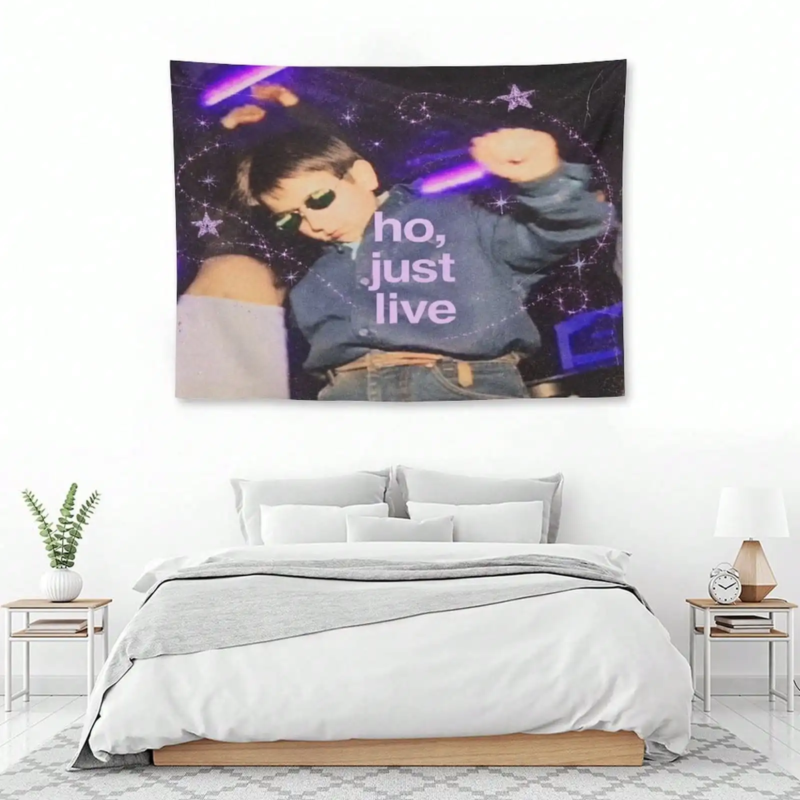 1pc Y2K Aesthetic Tapestry Wall Hanging, Ho Just Live Quote Graphic, Retro 2000s Starry Night For Living Room Bedroom Dorm