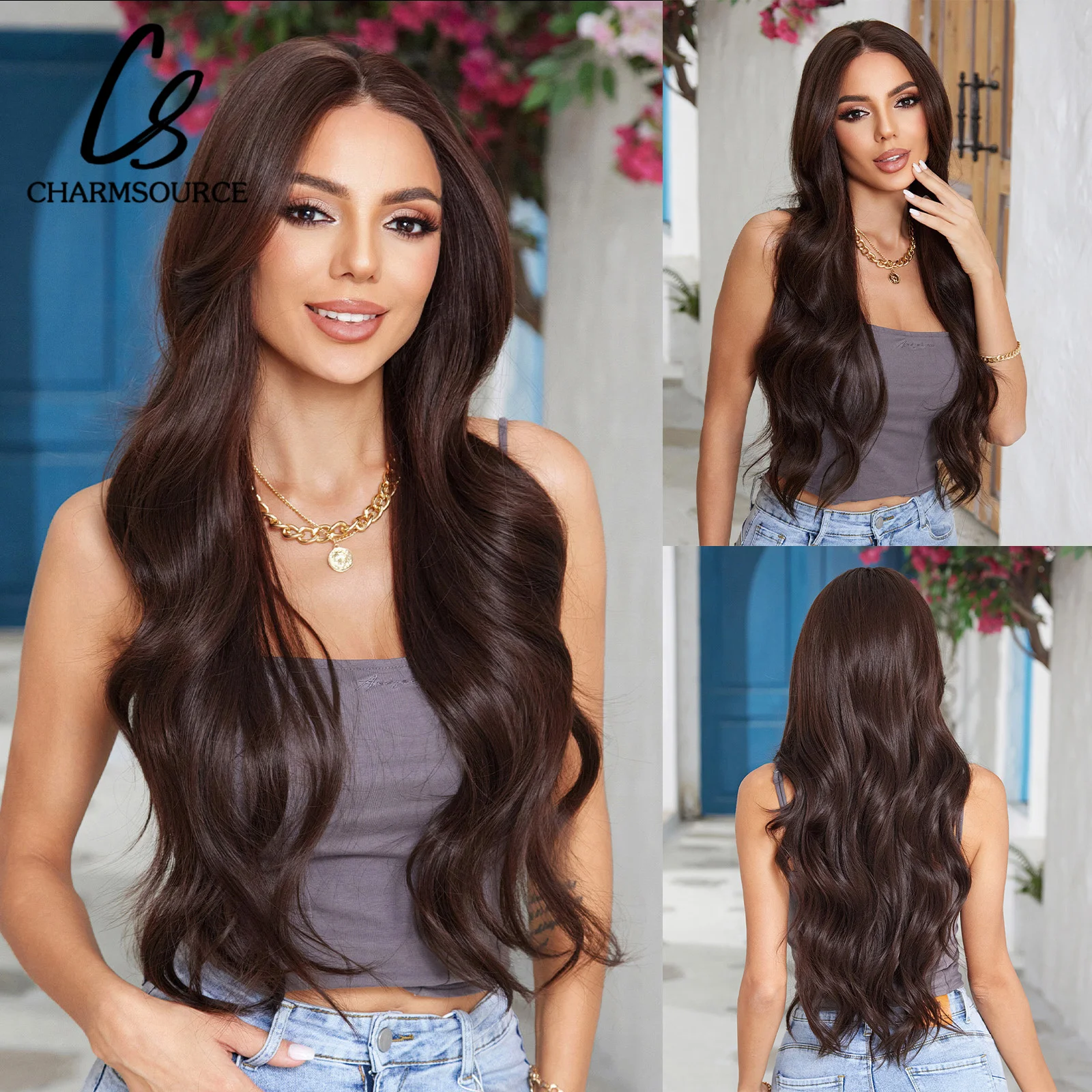 

CharmSource 13x6 Lace Wigs Dark Brown Ombre Synthetic Long Wavy Wigs for Women Daily Cosplay High Density Hair