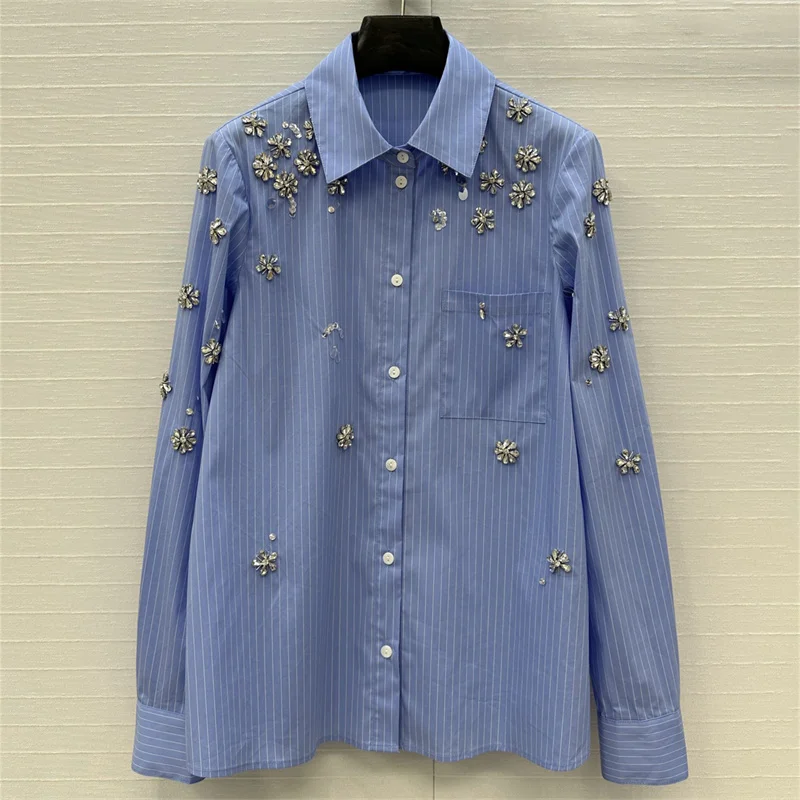 

Women's shirt New autumn 2025 rhinestone nail bead lapel long sleeved top Cotton blend stripes Women's blouse Women top y2k coat