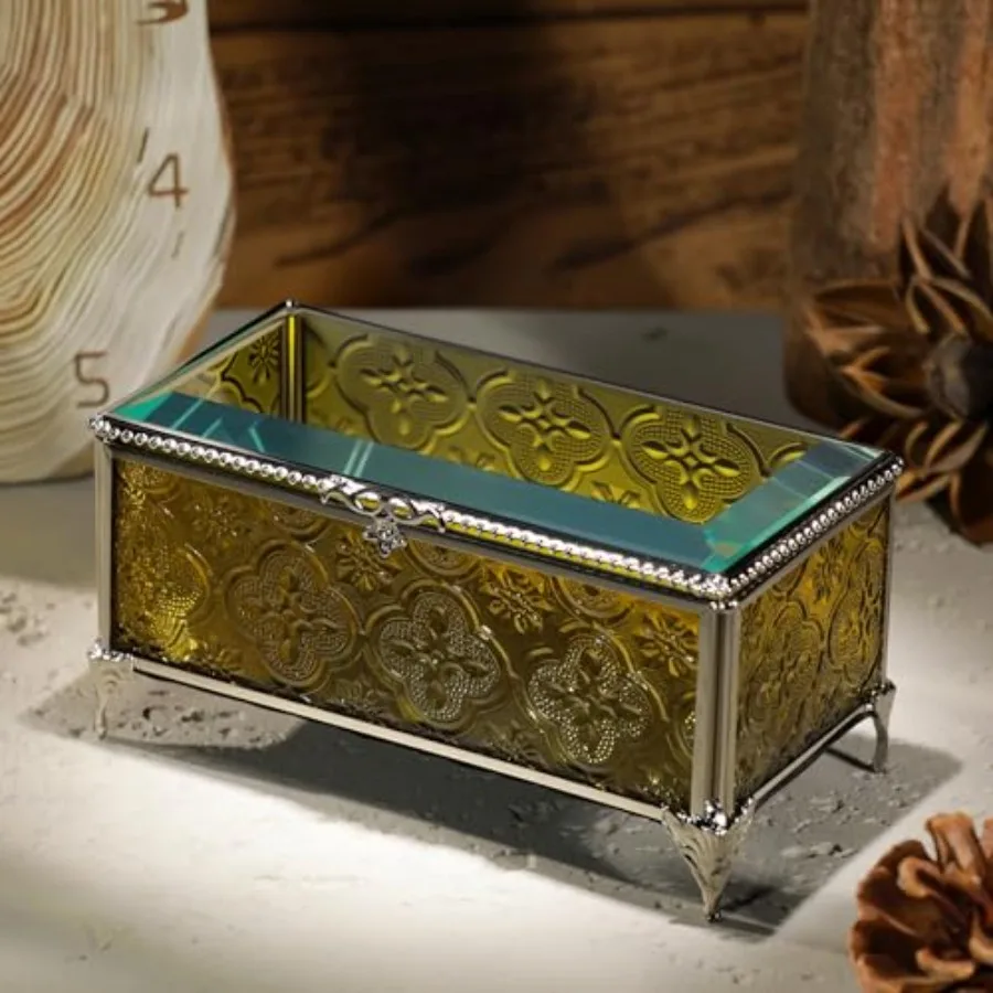 Glass Vintage Jewelry Box Keepsake storage Trinket Ring Display Box Home Decor Embossed Clear Glass Box Organizer 6.5x3.5x3.3In