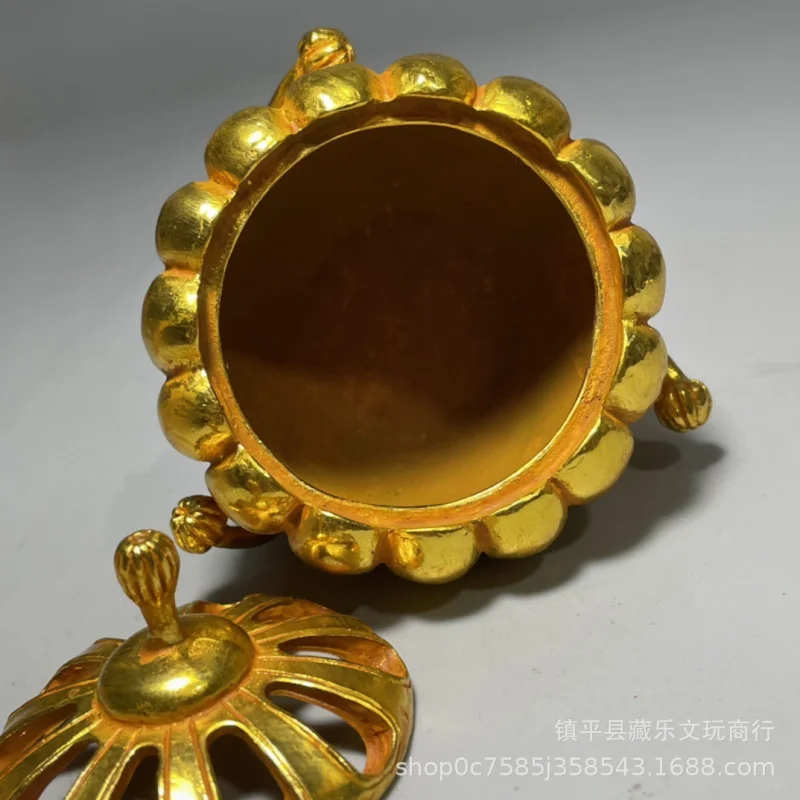 Antique Fine Copperware: Three-legged Carved Pumpkin , Ming-Qing Period Style, Xuan De Incense Burner, Gilt with L