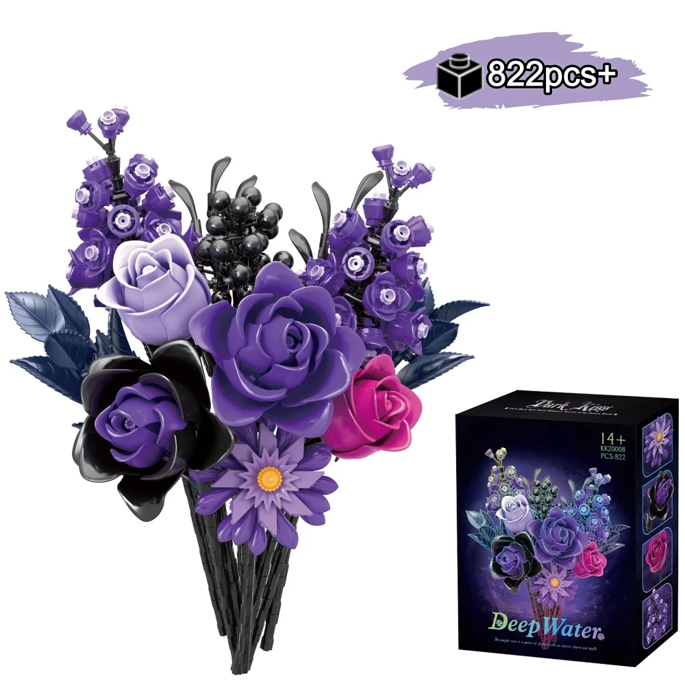 

MOC Creative Romantic Purple Rose Bouquet Building Blocks DIY tabletop decorations Model Valentines Day Gifts For Women Girls
