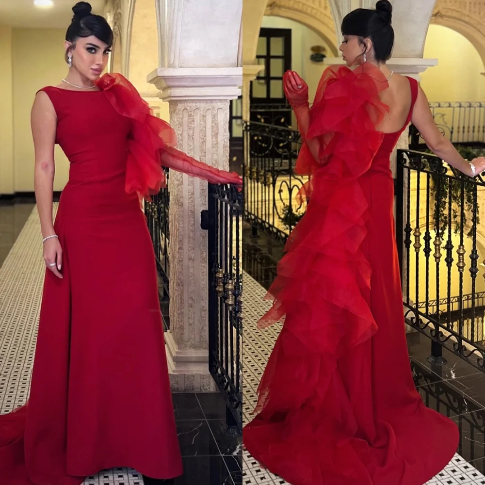 

Customized Modern Red Jersey Evening Dresses Formal O-Neck Homecoming Dresses Classic Court Train Special Occasion Gowns
