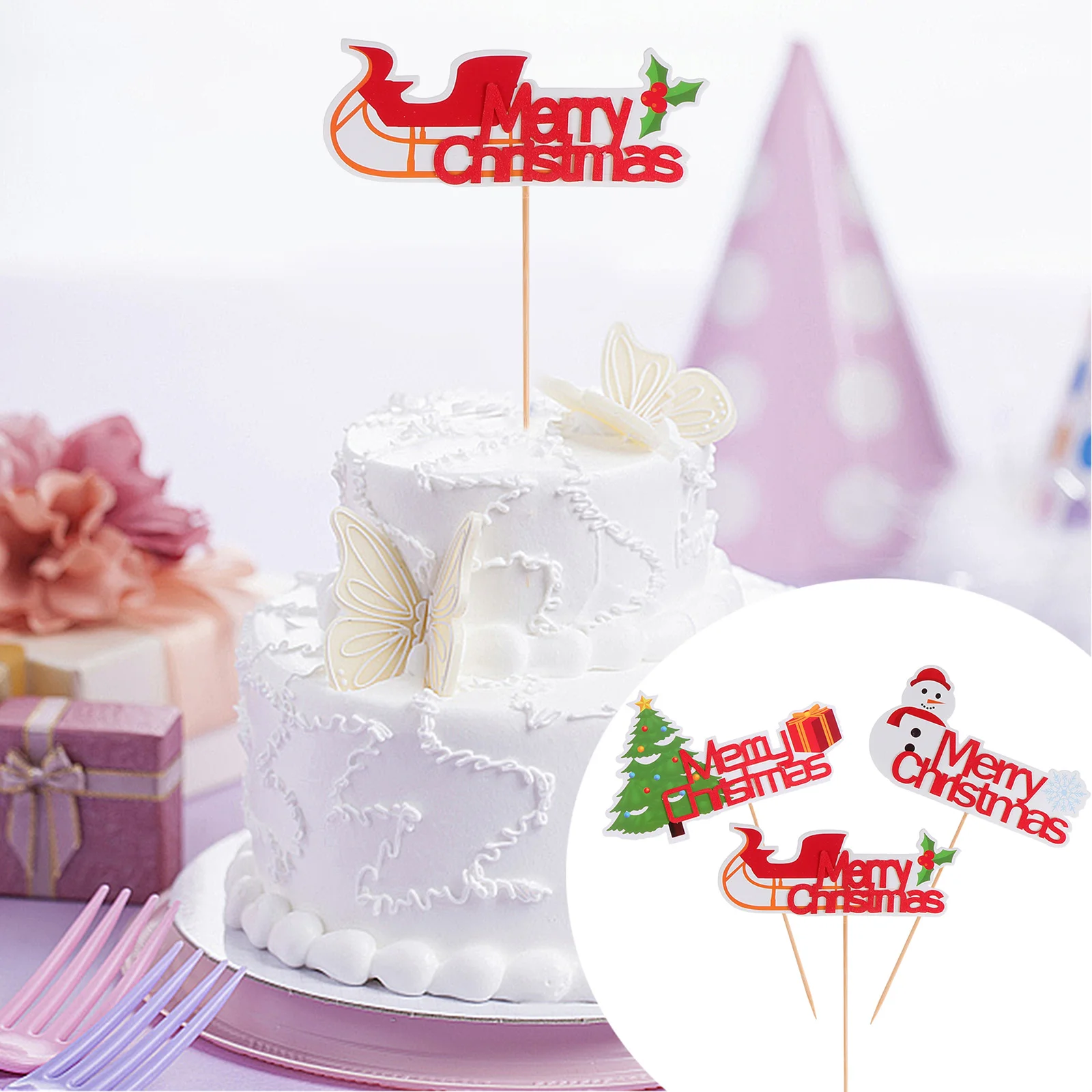

12Pcs Xmas Cake Topper Paper Wood Christmas Bell Topper Fun Cartoon Cake Decor Party Cupcake Decoration