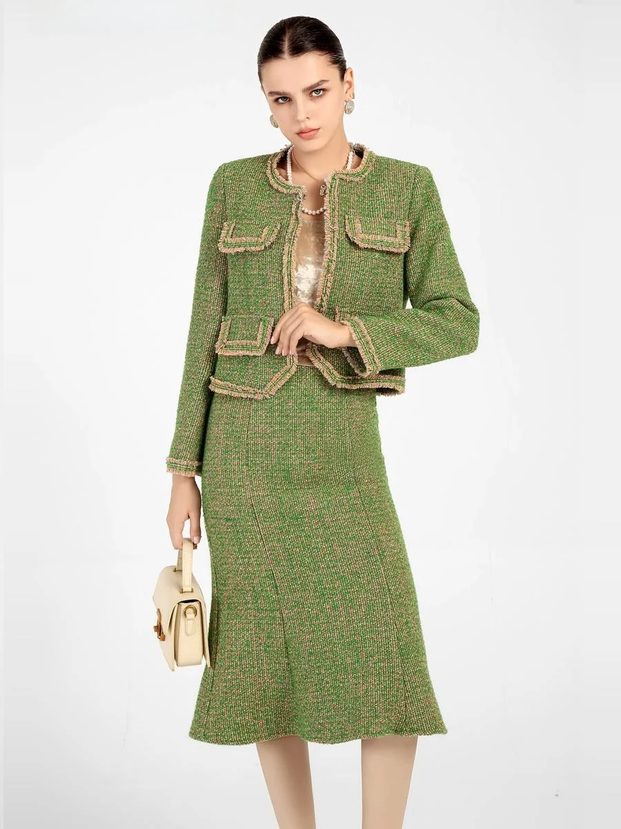 

Luxury Small Fraance Sle Woolen Coat And Skirt Set Autumn Winter New Coarse Tweed Two Piece Set Ele Faionable