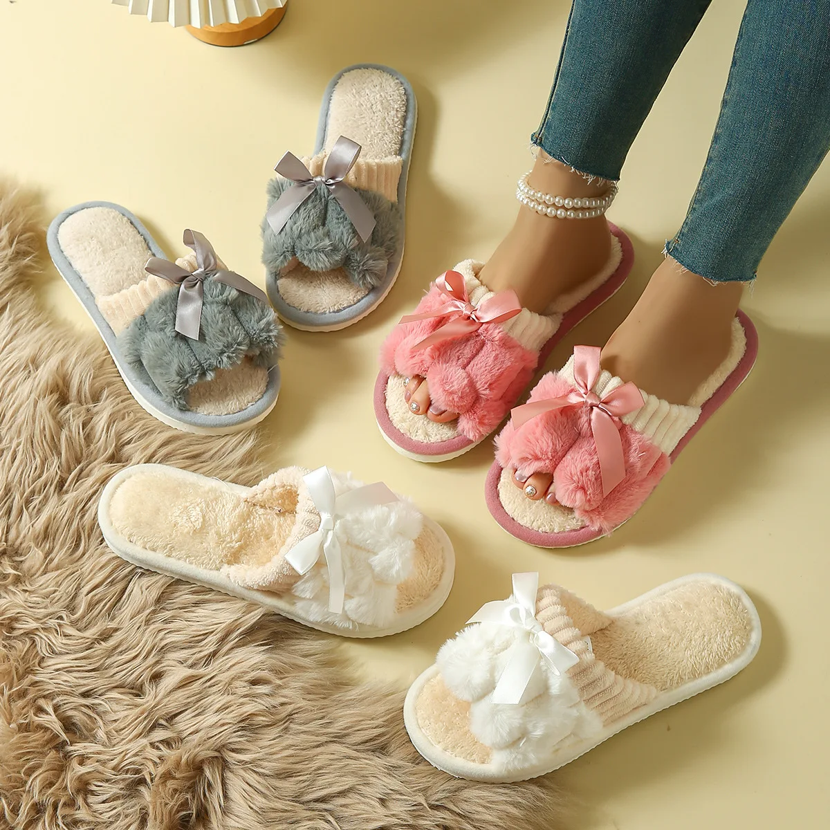 

Four Season Cute Fashion Butterfly Bow Women Slipper Men Indoor Warm Comfort Sandals Couple Breathability Soft Home Casual Shoes