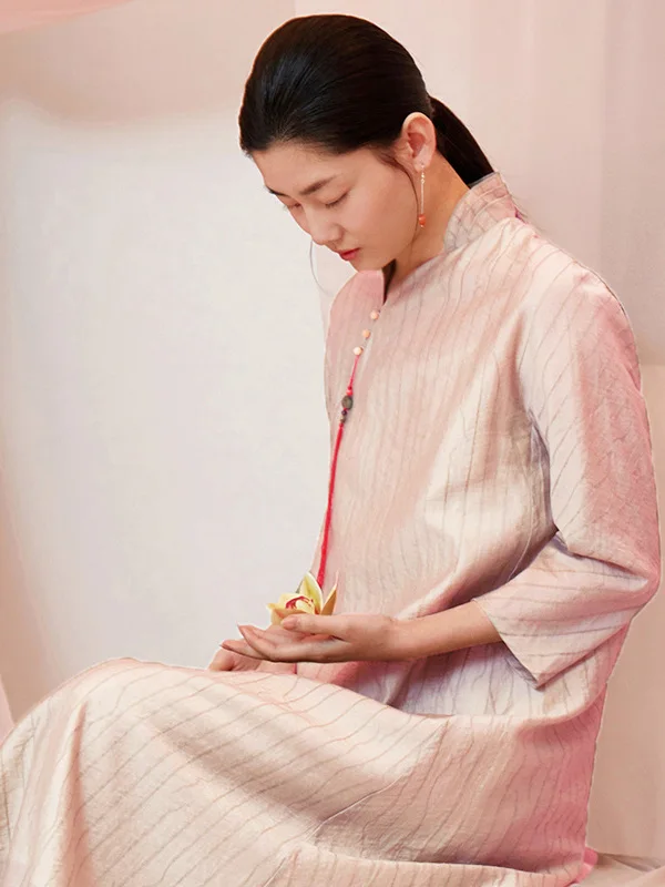 

Оригинальный дизайн: летнее платье А-силуэта с полосками в стиле дзен и пуговицами из агата для женщин, винтажное, свободного кроя, с рукавом 3/4