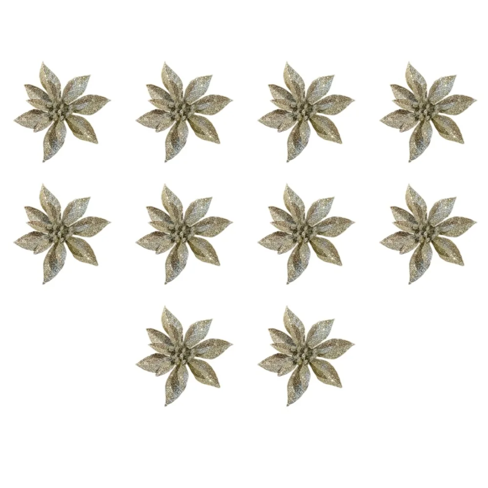 10Pcs Golden Gold Powder Artificial Poinsettia Flowers Multi-Color Sequin Plastic Christmas Flowers Ornaments DIY 7.5cm 10cm