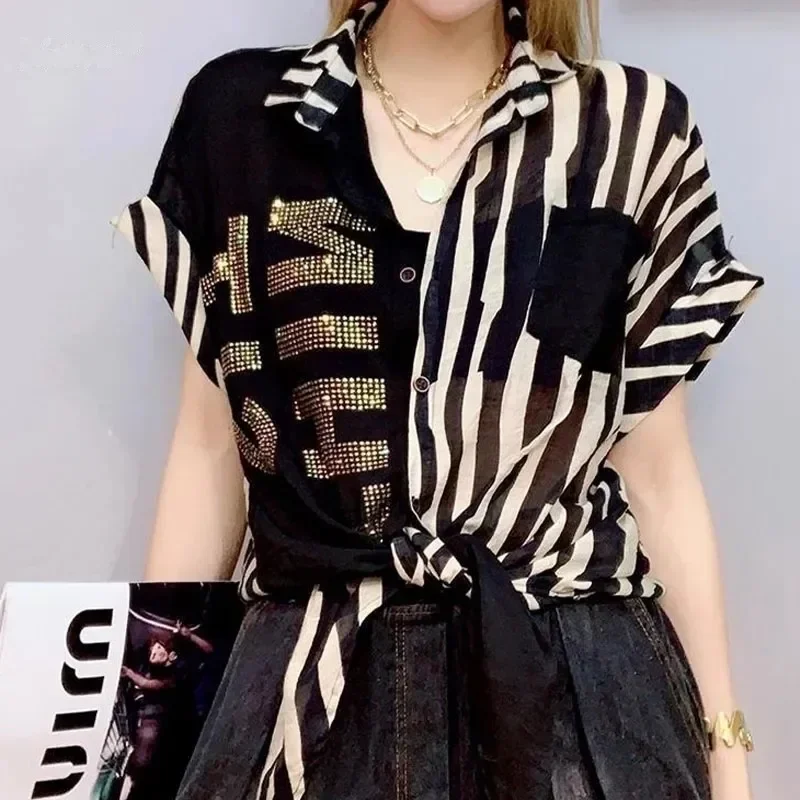 

Pop Pop Woman Short Sleeve Print Blouse Vintage Casual All-match Stylish Elegant Diamonds Spliced Button Shirt Summer Women's Cl