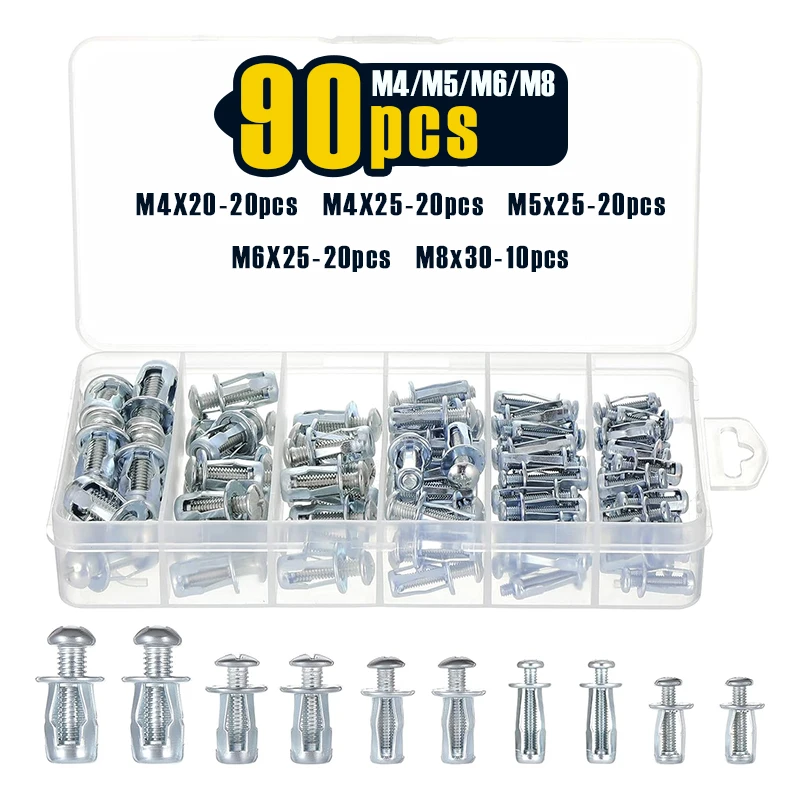 90pcs Jack Nuts Petal Nuts,M4,M5,M6,M8 Expansion Screw Petal Nut,Thins Fixings Dowels with Screws for Tin, Billboard, Cardboard