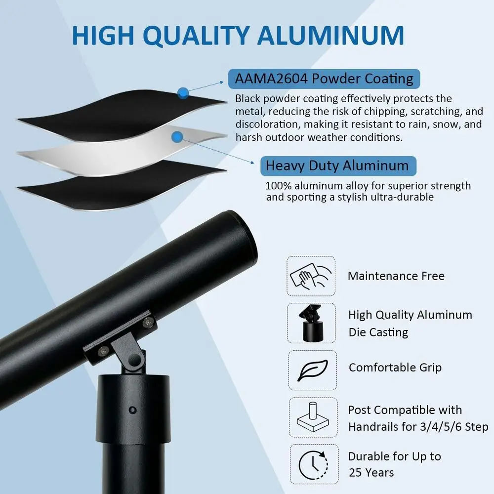 درابزين دائري من الألومنيوم للخطوات والسلالم - تحميل 800 رطل، مجموعة 0-4 خطوات، الشرفة والسطح (أسود محكم، 4 أقدام)