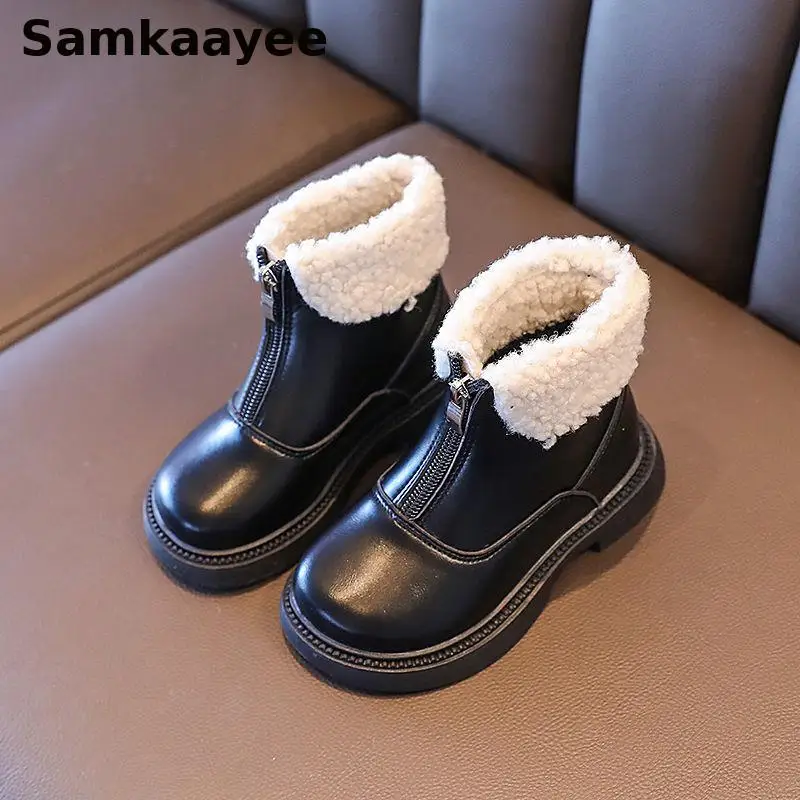 

Детские ботинки для детей от 2 до 10 лет, зимняя плюшевая детская кожаная обувь, ботильоны для девочек и мальчиков, нескользящая повседневная обувь с круглым носком на мягкой подошве, Y2