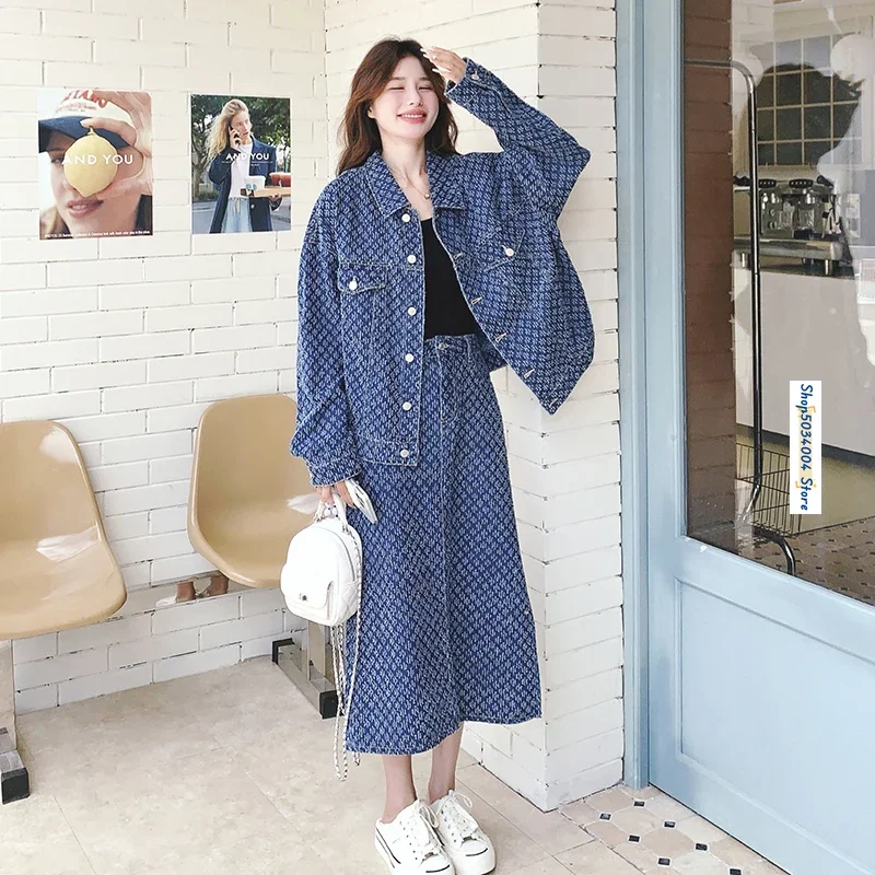 

Blue Jacquard Denim Two Piece Sets Womens Outifits Long Sleeve Single Breasted Loose Jacket Coat High Waist A-line Skirt 99055