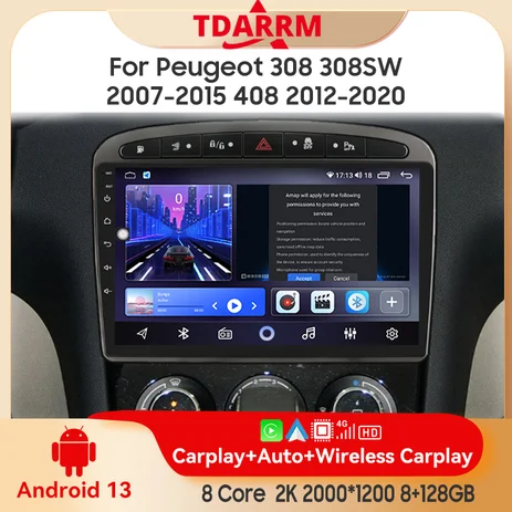 2 din for Peugeot 308 2007-2015 Android 13.0 6+128G Multimedia Player Car Radio Wireless Carplay Auto Original Car Menu