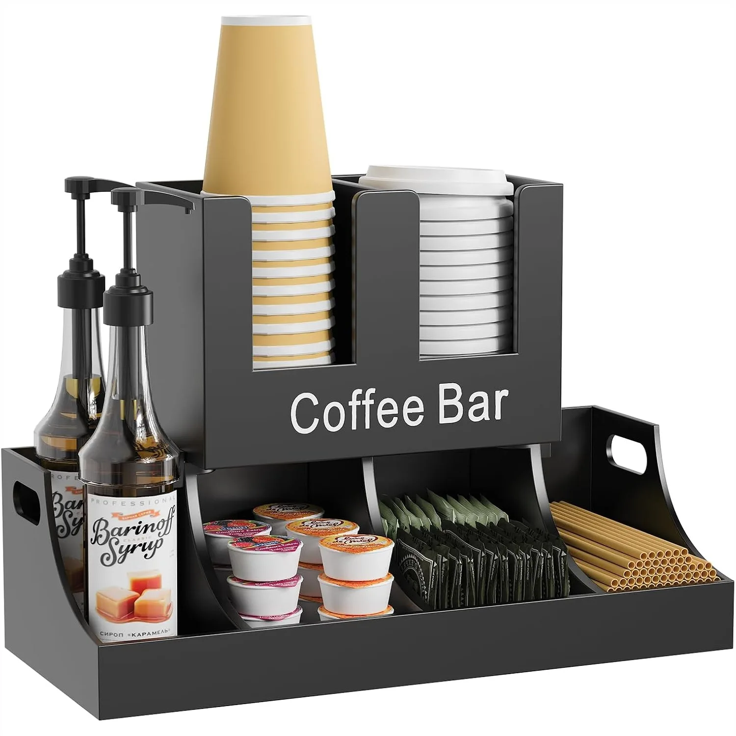 

Coffee Station Organizer, Wooden Coffee Bar Organizer for Countertop with Storage for Syrup, Pods, Cups, and Stirrers