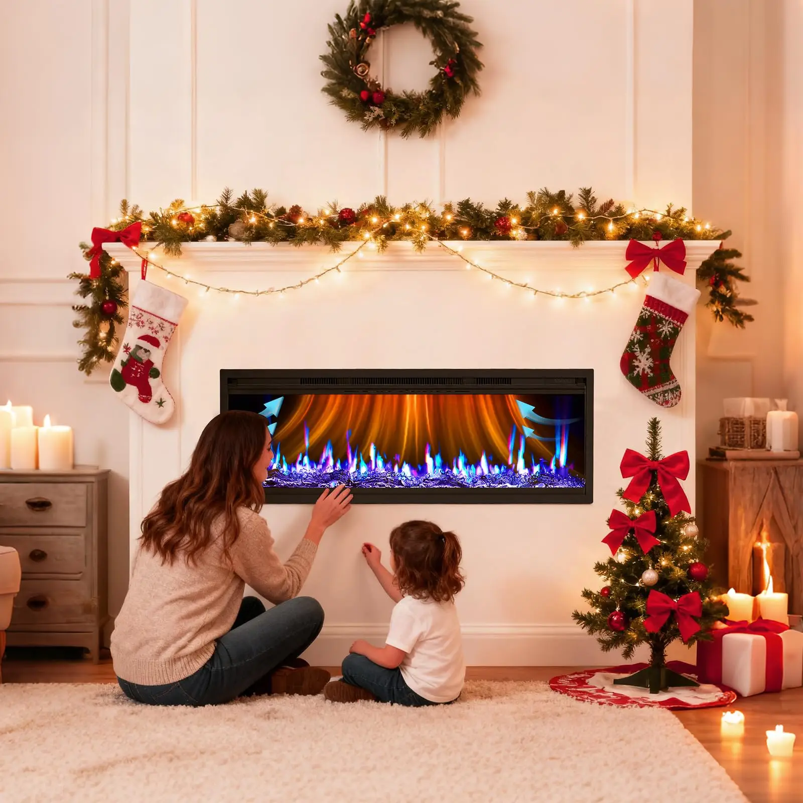 42/50/60/68in سخان مدفأة كهربائي فائق النحافة 5000 وحدة حرارية بريطانية مثبت على الحائط/مريح مع مؤقت عن بعد لهب قابل للتعديل 750 وات/1500 وات