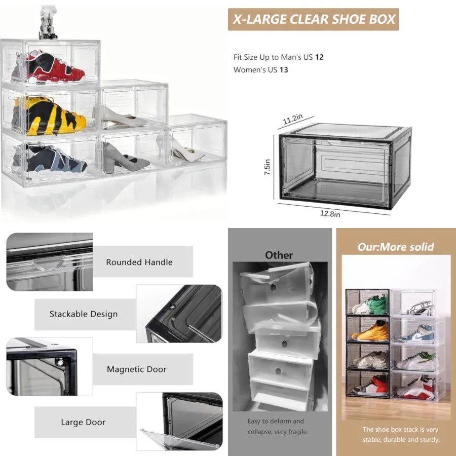 

Shoe Box Plastic Stackable Upgraded 6 Pack Shoe Storage Box Organizer with Large Magnetic Door for Display Sneakers Easy Assemb