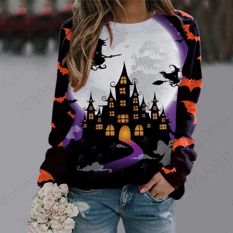 Halloween Hoodie Women Fashion O-neck Hoodies Women Sweats Witch Coat Girl Clothes O-neck Long Sleeve Hoodie Female Falls Skull