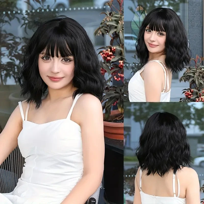 Synthetic Wig With Bangs Wig For Women Short Bob Wavy Curly Wig Hair Wigs Heat Resistant Hair Replacement Wigs