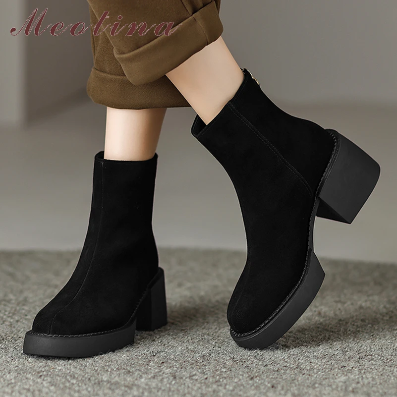 

Meotina Women Genuine Leather Ankle Boots Round Toe Platform Thick High Heel Zipper Lady Cow Suede Short Boot Autumn WinterShoes