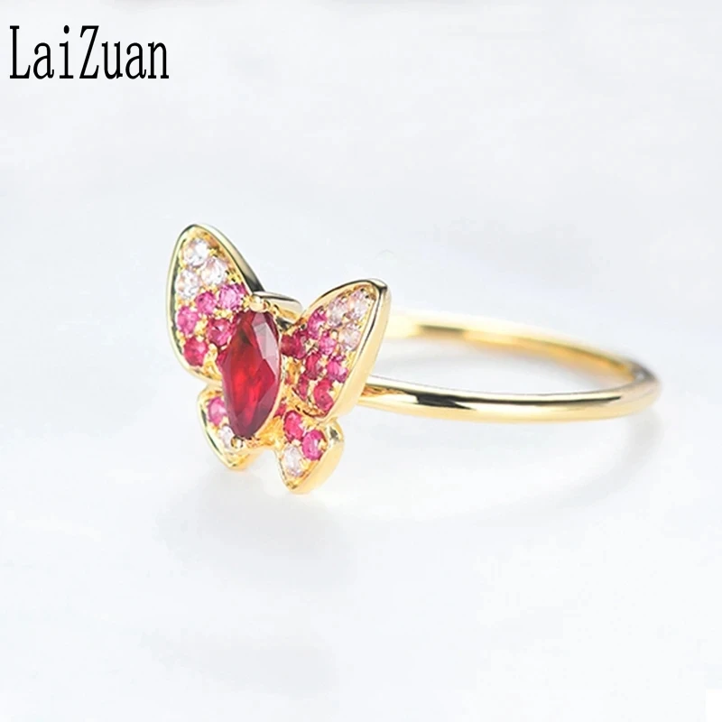 LaiZuan Solid 18k AU750 Yellow Gold Genuine Ruby Butterfly Ring Colorful Gemstone Women Trendy Jewelry Party Band Antique