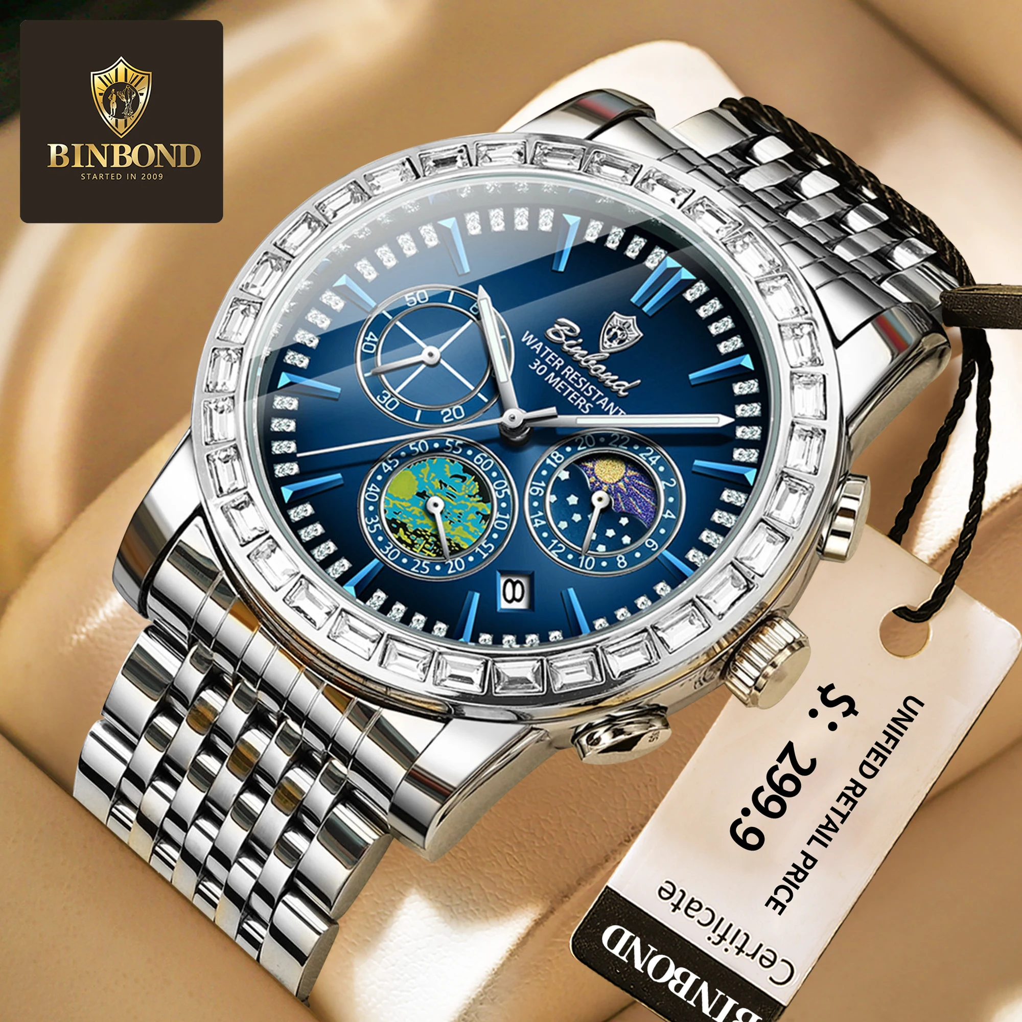 

BIINBOND Luxury Sports Watch Men's Waterproof Night Light Fashion Men's Watch Sun Moon Star Quartz Men's Watch