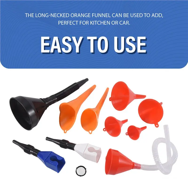 A76T-10 Pcs Automotive Funnels Set, Plastic Long Neck Oil Funnels, Snap Funnel,Right Angle Funnelswide Mouth Fuel Funnels