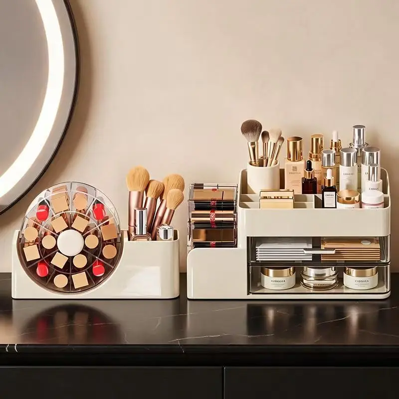 Makeup Storage Box With 360° Rotating Lipstick Sponge Organizer Rack,Bathroom Cosmetic Skincare Desktop Holder