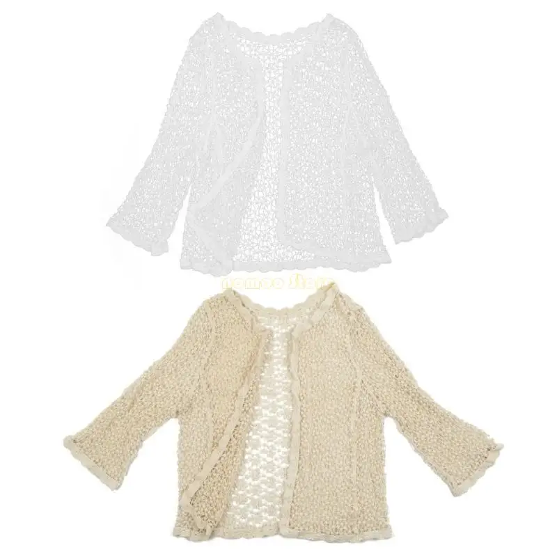 

31BF Women Spring Long Sleeve Shrug Cardigan Hollow Out Crochet Knitted Open Front Sheer Lace Cover Up Sweater Casual Coat