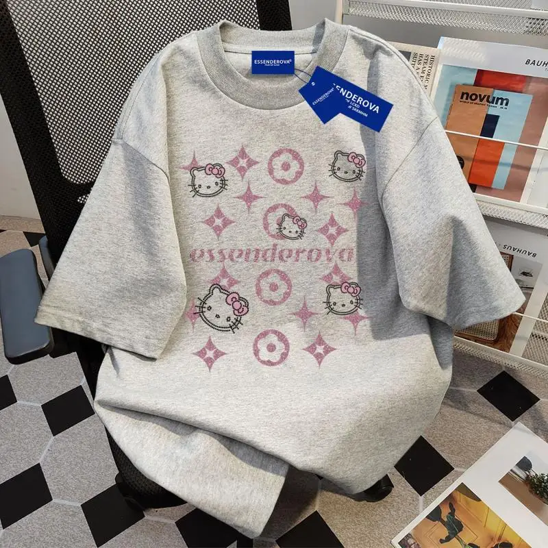 Hot Summer Cartoon Hello Kitty Trend Women Tshirt Cute Japanese Letter Printing Breathable Personality Round Neck Top T Shirt