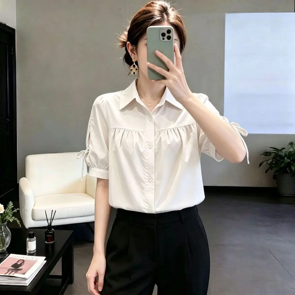 Women's  Knot Short Shirt Summer New Loose Fashionable Short Sleeve Thin Stylish Belly Covering Top  Collar