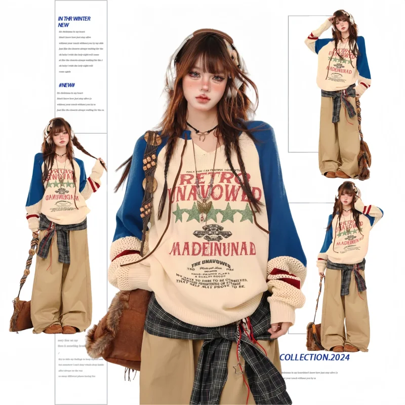 

Новый синий свитер Mera в студенческом стиле, женский свободный свободный топ ранней осени