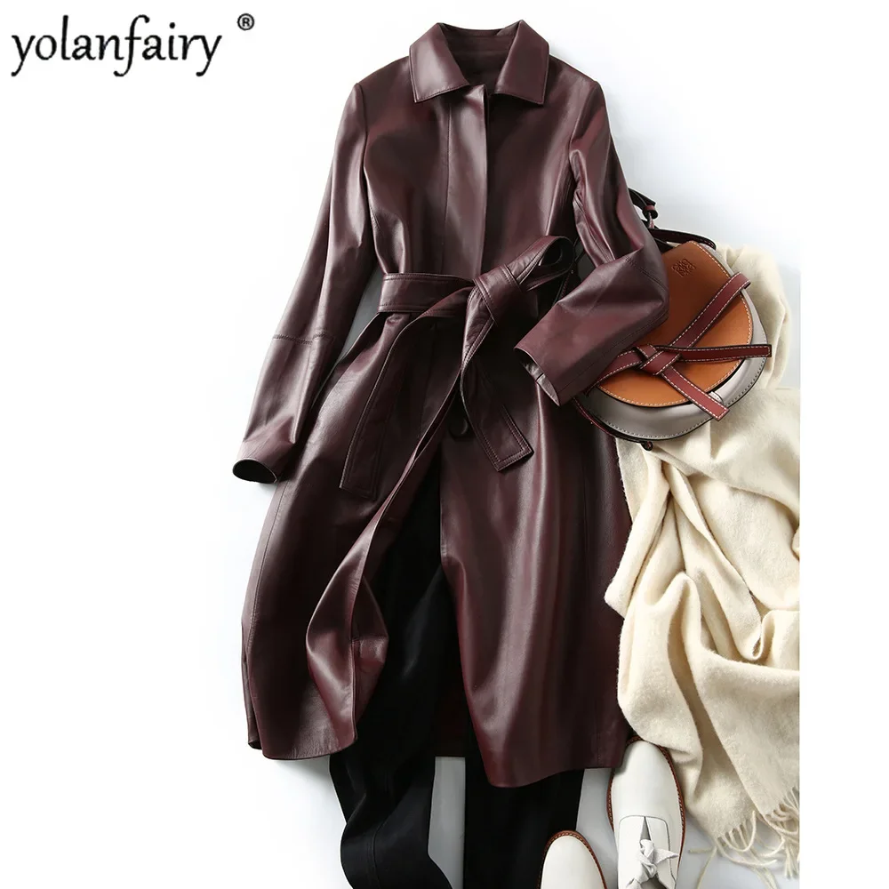 YOLANFAIRY 春本革シープスキンコート女性のミッドロング天然皮革服ファッションウインドブレーカーコートとジャケット