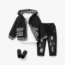 PatPat Toddler Boy Classic Grid Plush Hooded Coat Soft and Comfortable  Perfect for Outings and Daily Wear Basic Style