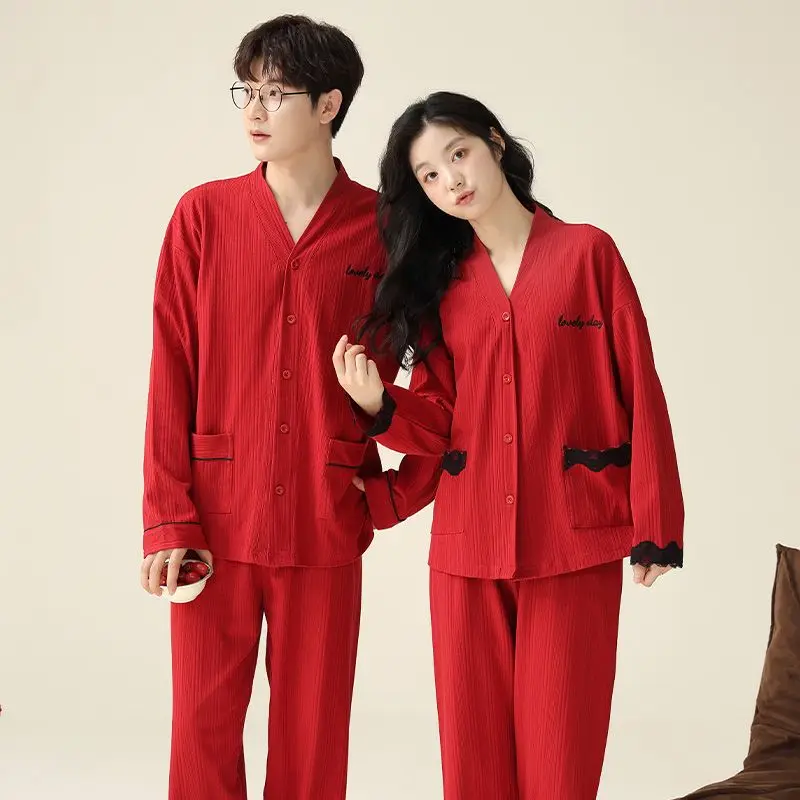 Paar Pyjama Frühling Herbst Langarm Baumwolle rot festliche Herren und Damen Homewear Anzug lässig einfache Nachtwäsche Sets 2024